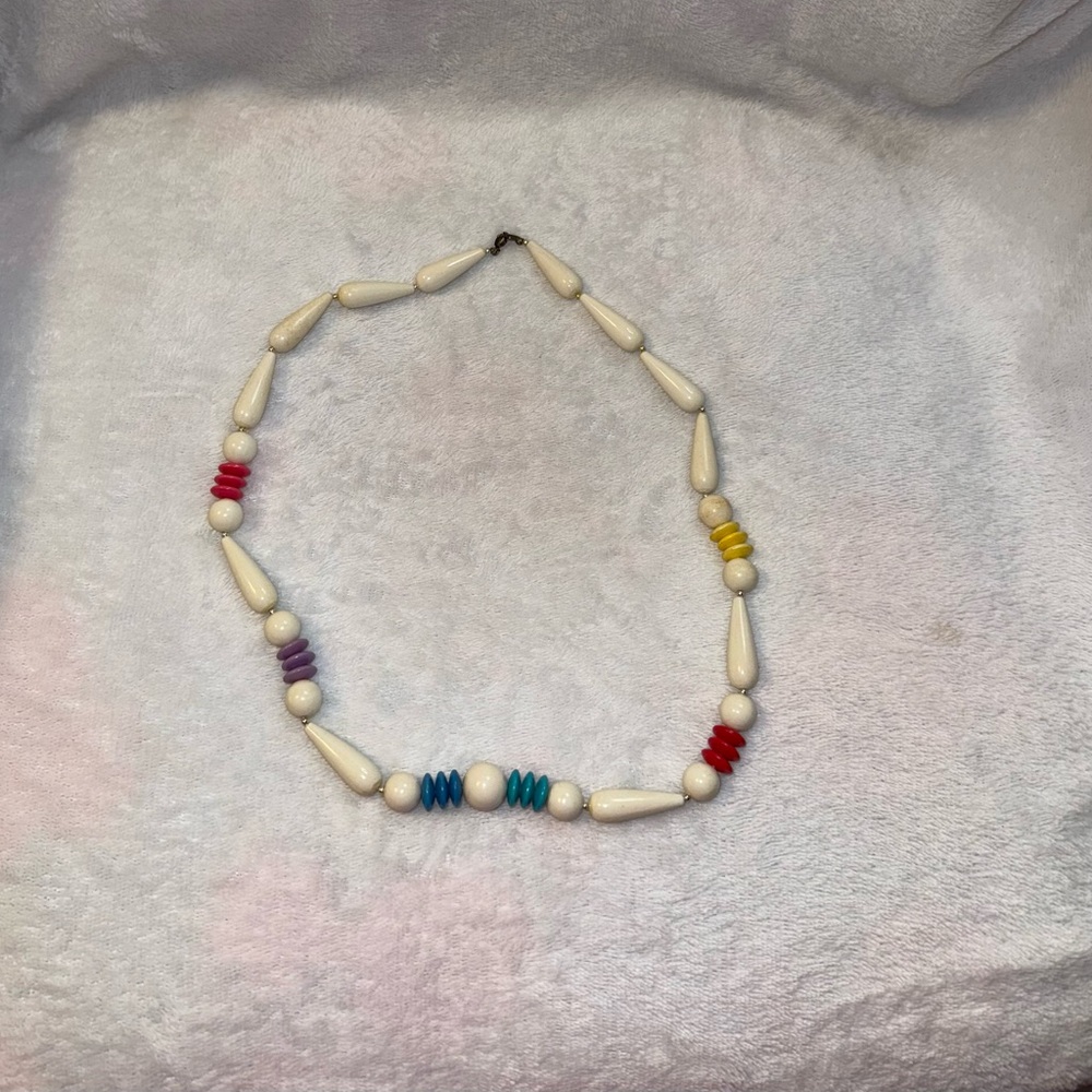 VTG 80s white multicolored wood bead necklace